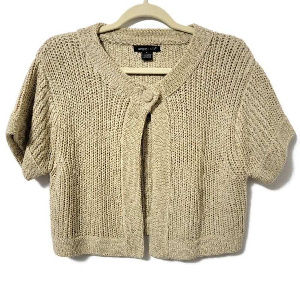 August Silk Knit 1 Button Short Sleeve Cardigan Beige Size Medium